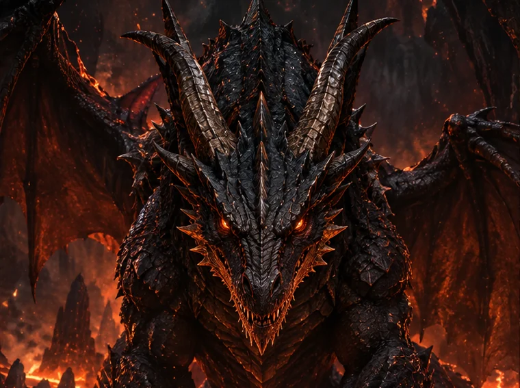 An armoured demonic boss in a volcanic cavern
