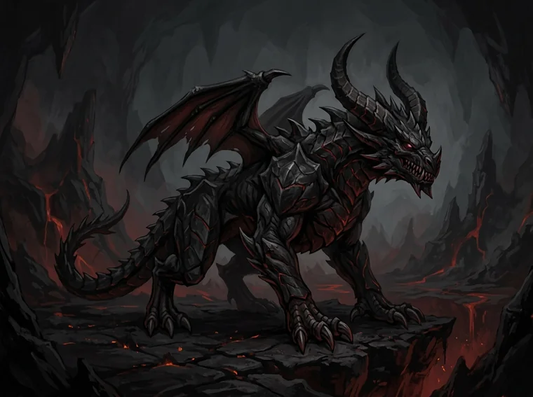 An armoured demonic boss in a volcanic cavern