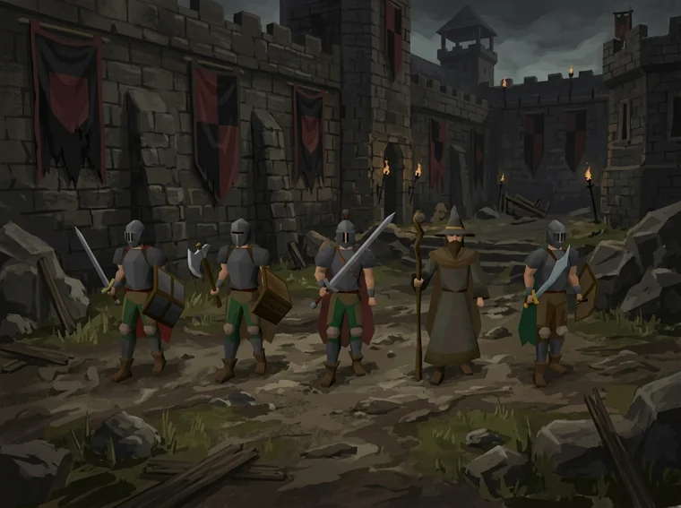 A clan of warriors beneath red battle banners