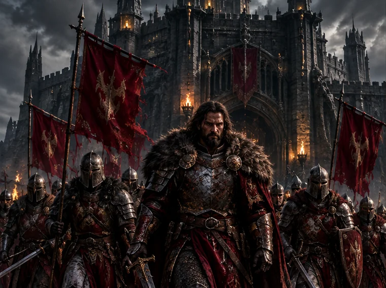 A clan of warriors beneath red battle banners