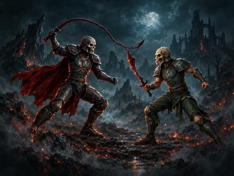 Two armoured players facing off in the Wilderness