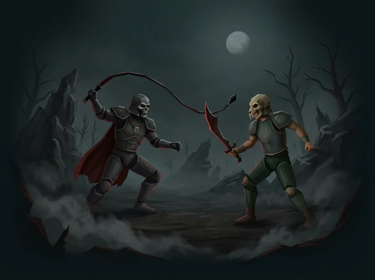 Two armoured players facing off in the Wilderness