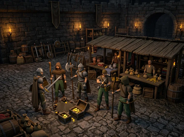 Players trading in a medieval marketplace
