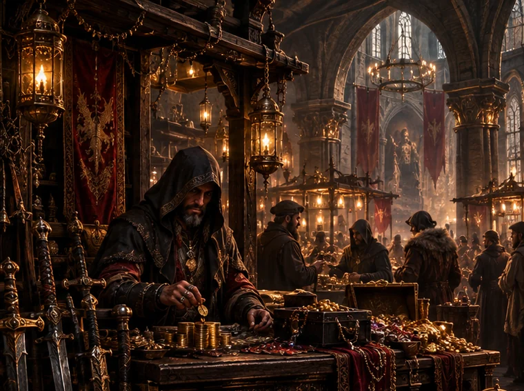 Players trading in a medieval marketplace