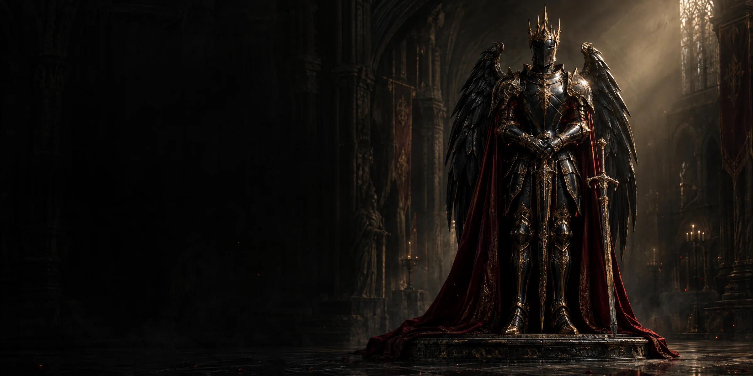 Black and gold Sovereign armour in a vaulted stone hall